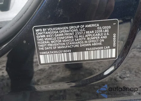 2020 Volkswagen Passat 2.0T Se z USA, uszkodzony, nr VIN 1VWSA7A3XLC016049